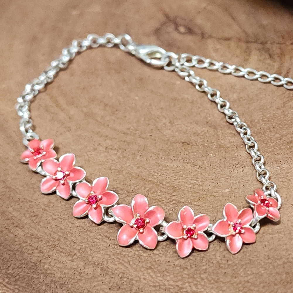 Beautiful Pink Floral Enamel Bracelet Or Anklet With Red Rhinestone Centers